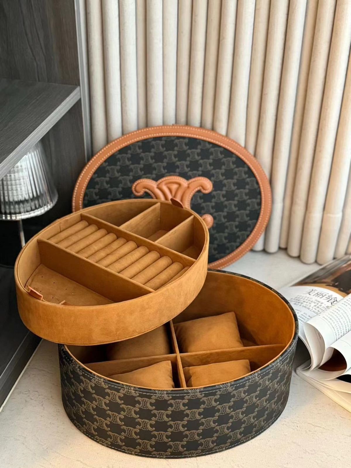 Celine Brown Circular Empty Jewelry Accessory Gift Box Storage - Premium Antiques | Aleppo Gift UAE